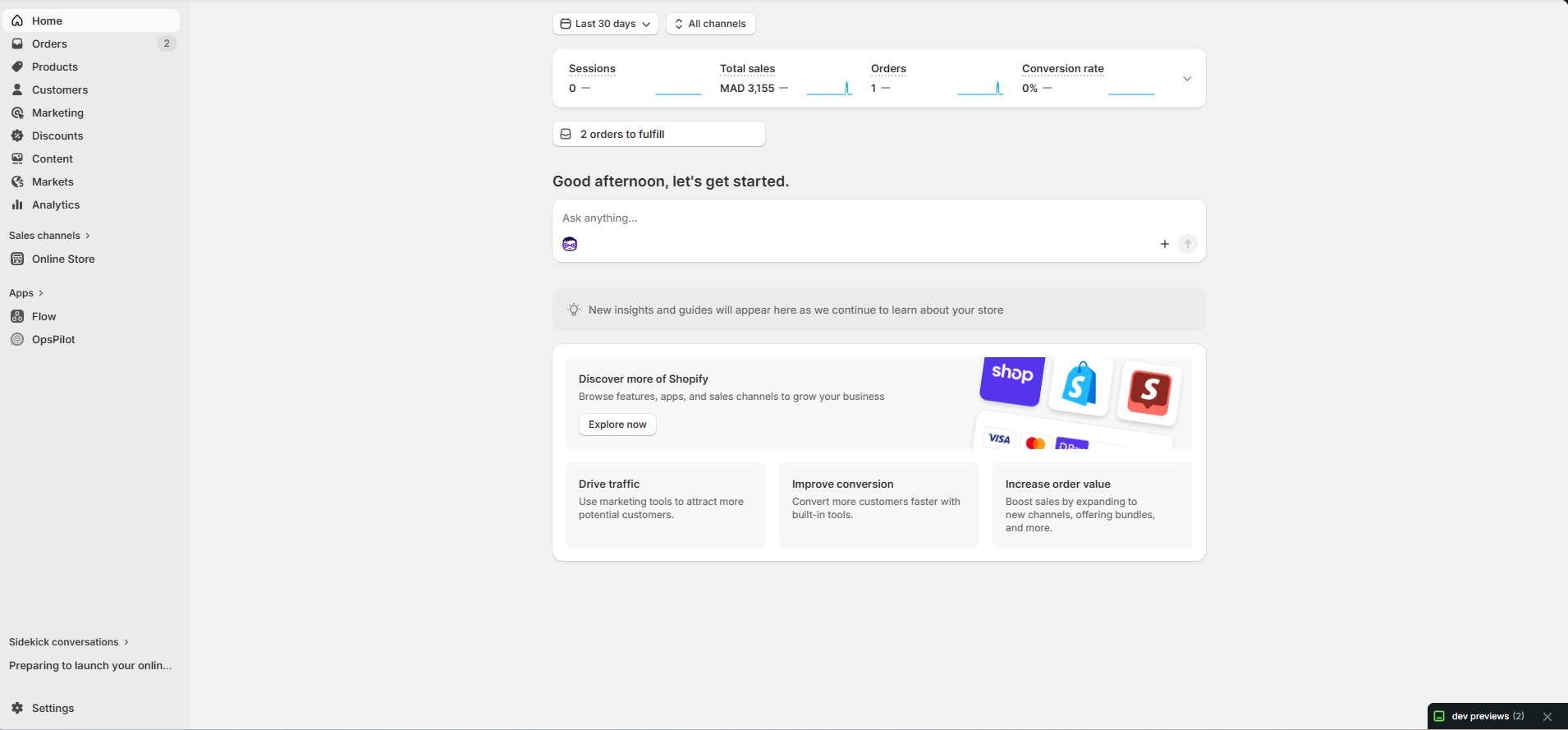 Shopify admin with OpsPilot in the Apps sidebar