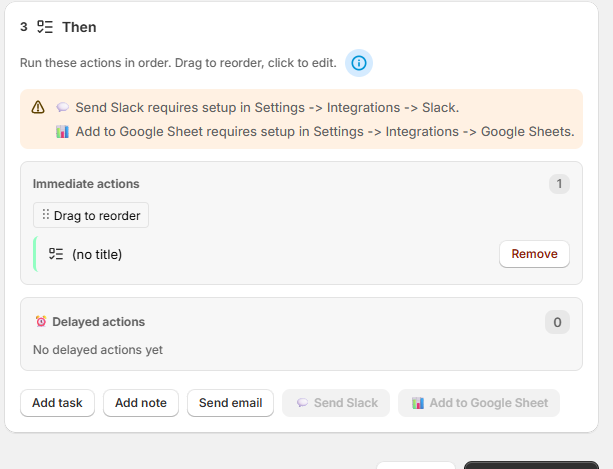 Then step — Immediate actions (1) and Delayed actions (0) sections