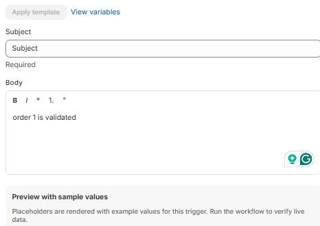 Email content editor — Subject, Body rich text, Apply template, Preview