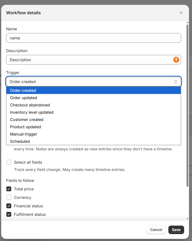 Trigger selection — Order created, Checkout abandoned, Inventory level, etc.