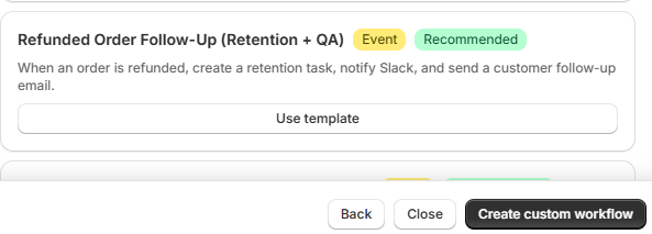 Create custom workflow — template cards with Back/Close/Create buttons
