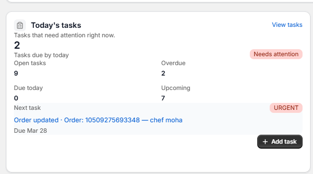 Today's tasks panel with due dates and urgency