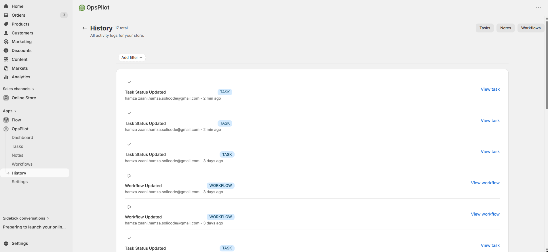 Activity History — full log of all task, note, and workflow changes
