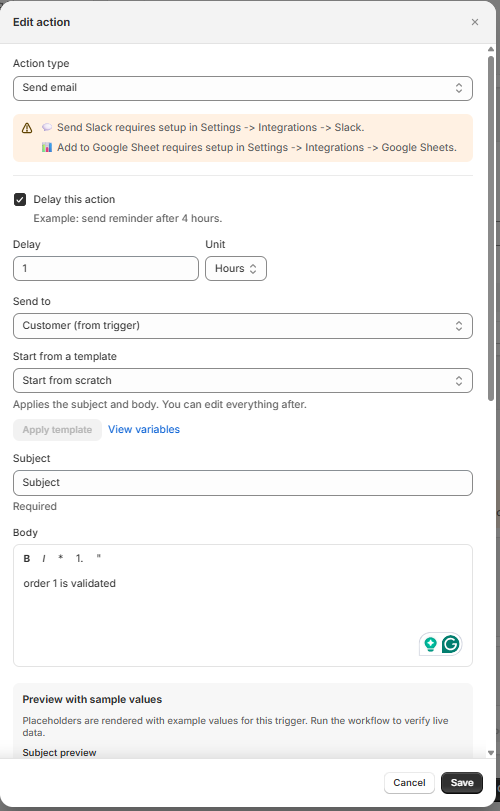 Send email action — recipient selector (Customer/Staff/Admin/Custom), delay toggle, Cancel/Save