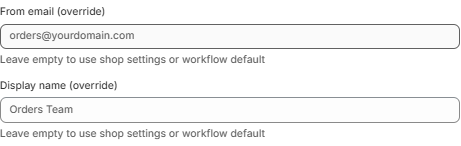 Email sender override — From email and Display name fields