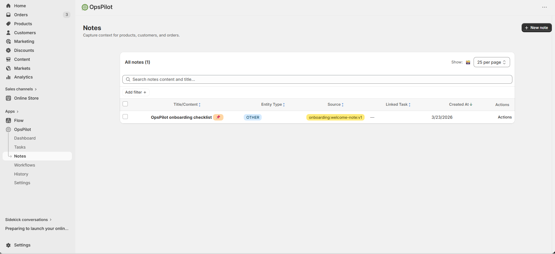 Notes — searchable notes linked to orders and products