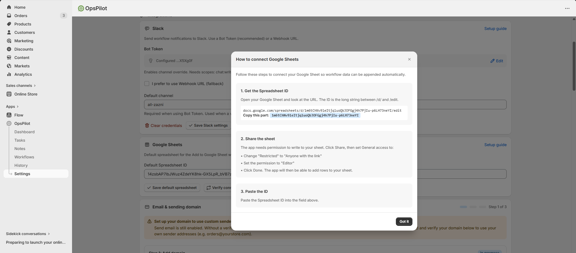 Google Sheets setup guide — Spreadsheet ID and sharing