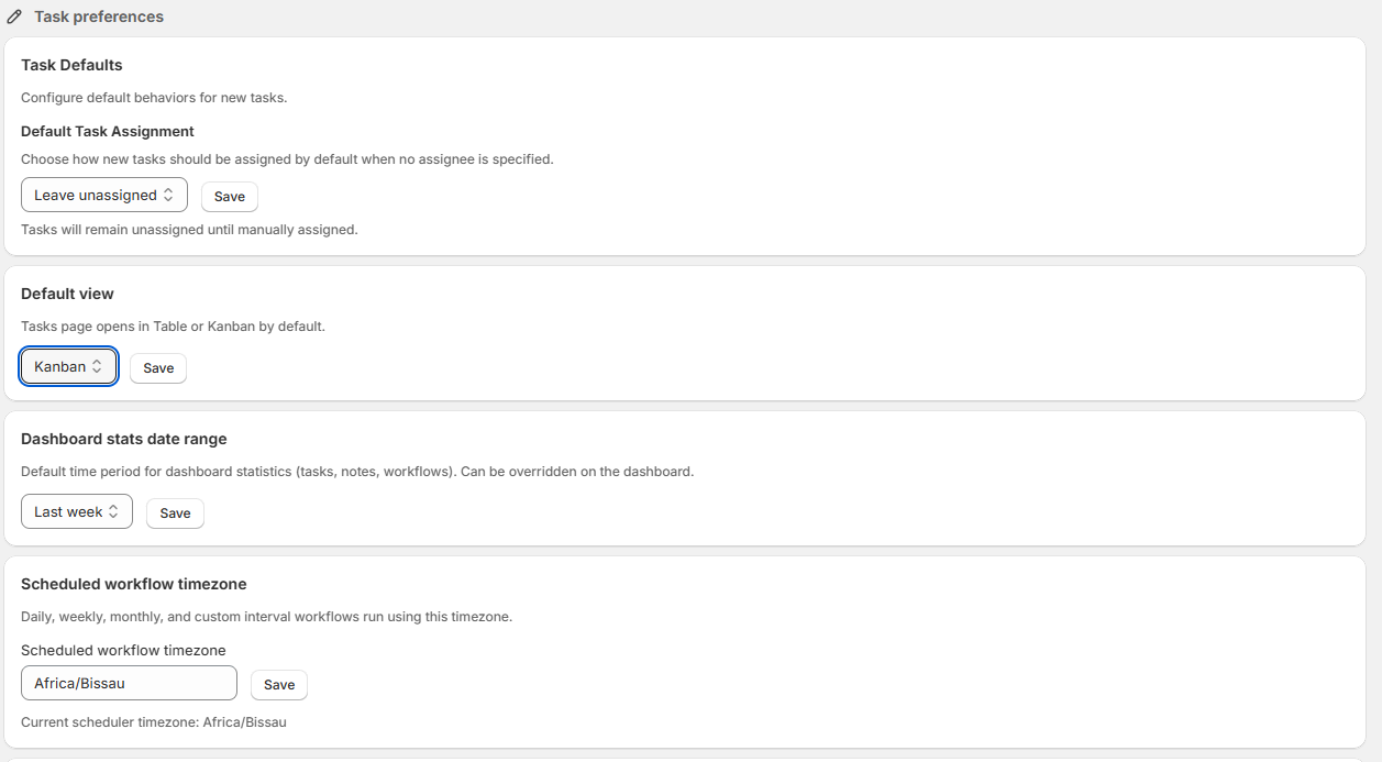 Task preferences: Default assignment, Default view, Date range, Timezone