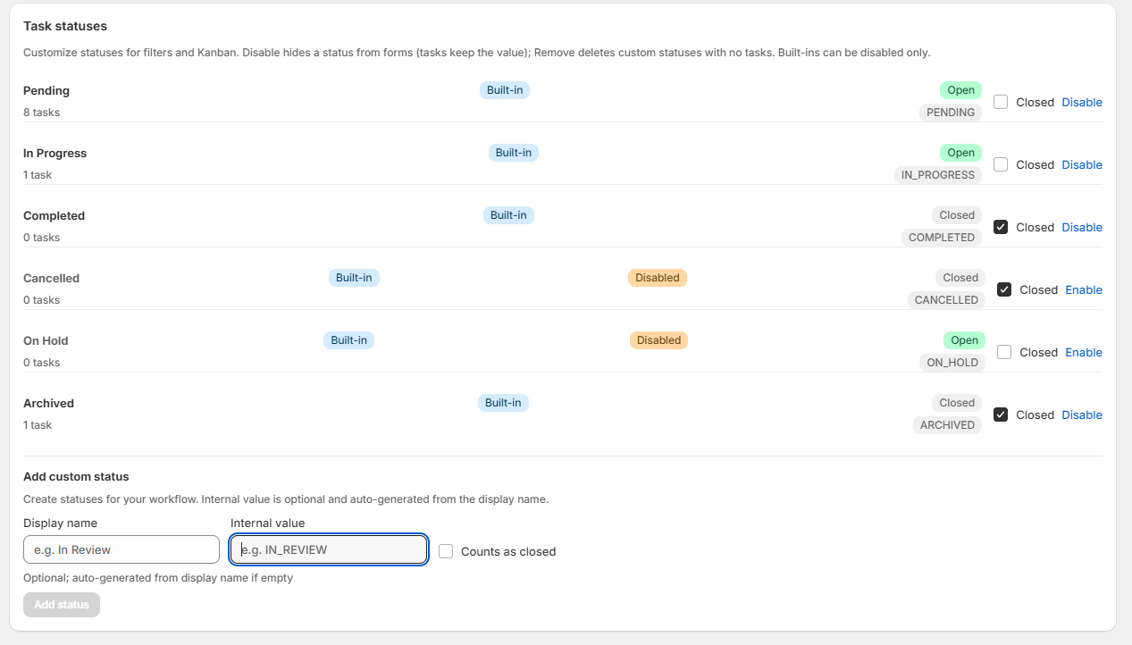 Add custom status form