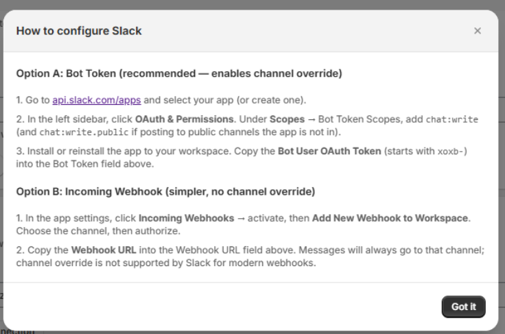 Slack setup guide — Bot Token vs Webhook