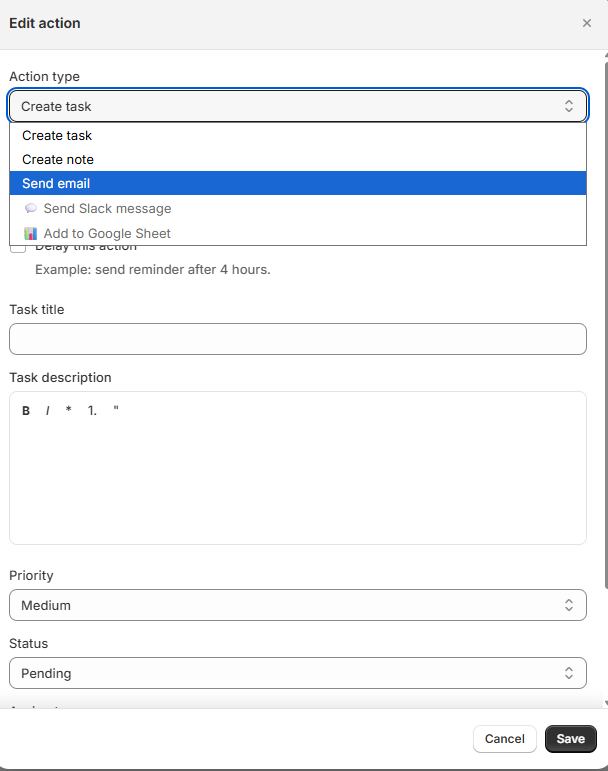 Action type dropdown — Create task selected