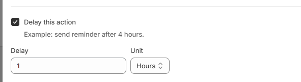 Delay this action checkbox — delay value input and Hours unit dropdown