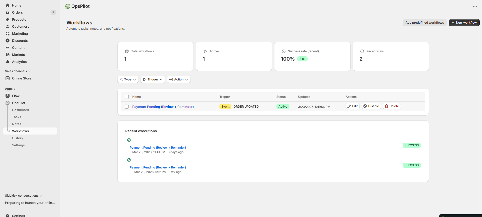 OpsPilot Workflows overview showing stats, workflow list, and recent executions