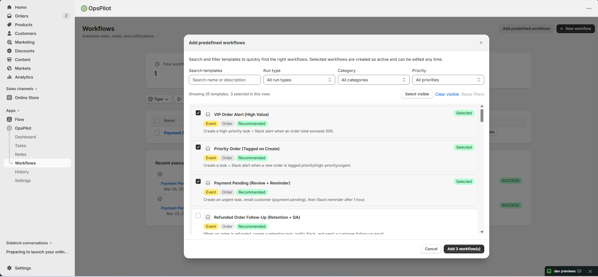 Add predefined workflows — search, filters, 3 selected, Add 3 workflow(s) button