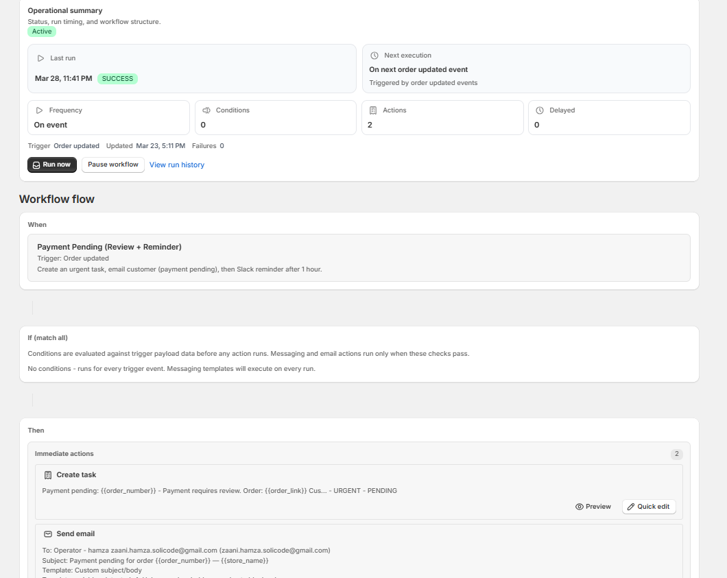 Workflow detail page with operational summary